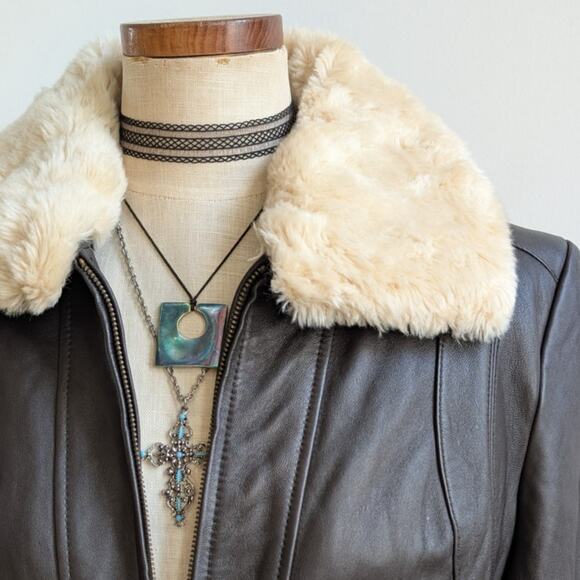 Vintage Brown Leather Jacket Faux Fur Lambskin Moto Chic Biker Bomber Coat Large - Picture 6 of 13